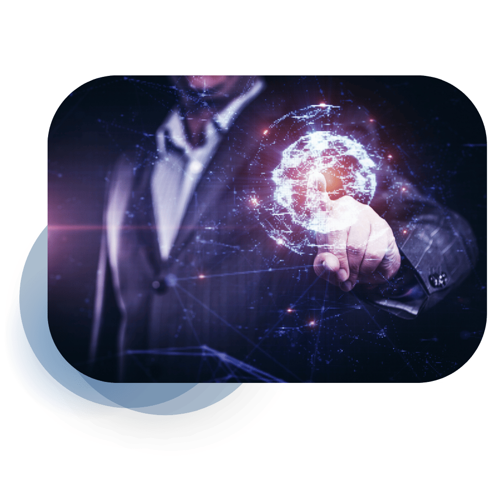 Homme d'affaires interagissant avec une interface de données futuriste symbolisant l'IA et les outils "no-code".